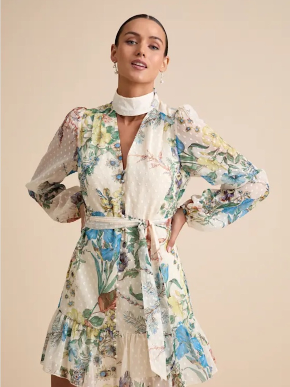NWT Lulu's Ayame Ivory Floral Swiss Dot Balloon Sleeve Mini Dress